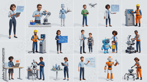 Collection of professional workers and modern jobs including engineer doctor programmer and robot assistant characters in clean cartoon style isolated on white background