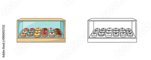 Glass display case with assortment of donuts colored illustration and black line art objects represent shop counter for dessert presentation on a white background without texture