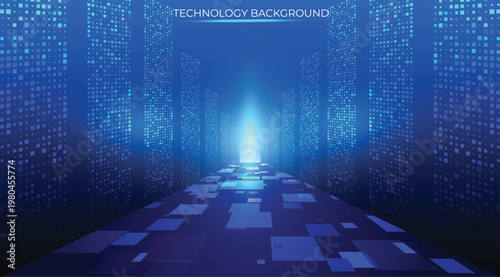 A technological tunnel, featuring grids that flow through a data room. Corridors with textured panels display a canopy of pulsating lights, flowing like vast volumes of data within a server room. Tech