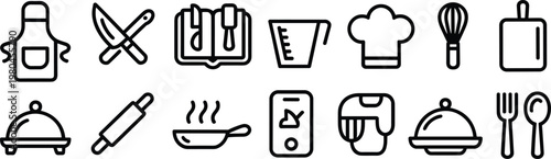 Kitchen cooking icons set with apron knives measuring cup chef hat whisk mixer and utensils line vector illustration collection