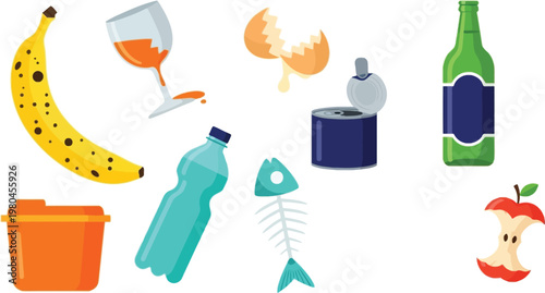 Waste Sorting and Recycling Vector Set with Organic, Plastic, Glass, Metal and Food Waste Items for Environmental Protection and Eco Management Design