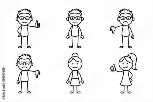Diverse stick figure characters expressing approval, disapproval, and neutral feelings