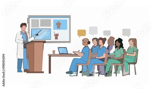 Medical conference training doctors nurses interns presentation vector illustration