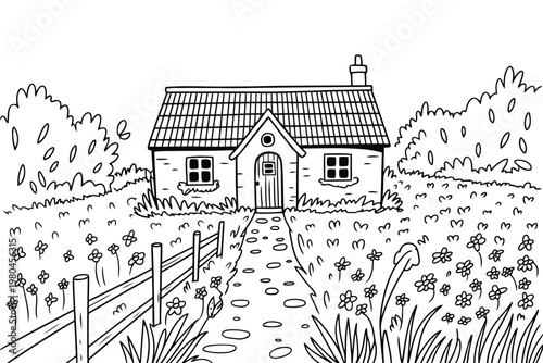Quaint cottage with garden and pathway surrounded by flowers and trees house countryside