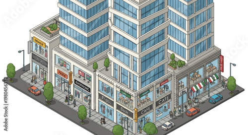 Isometric view of a modern city block with tall glass buildings and shops.