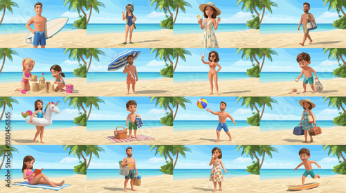 Summer beach people collection with swimming surfing sunbathing walking and relaxing by tropical sea in colorful flat vector style