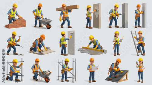 Construction worker collection with builders using tools ladders wheelbarrows and materials in repair and building scenes in flat vector style