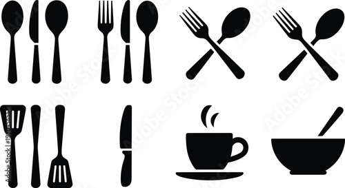 Kitchen utensils and food icons set with spoon fork knife cup bowl and cooking tools black silhouette vector illustration