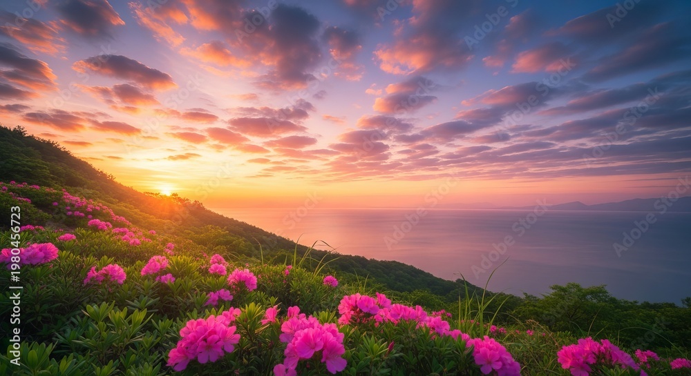Fototapeta premium Vibrant sunset over ocean with blooming pink flowers on hillside