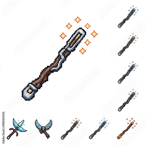 A collection of pixel art magic wands and staves, featuring a prominent gnarled wooden staff with glowing golden sparkles and metal accents.