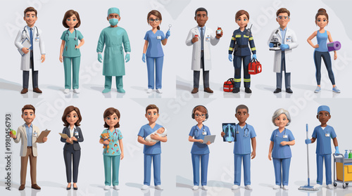Medical professionals collection with doctors nurses surgeons and healthcare staff standing in uniform isolated in modern flat vector style