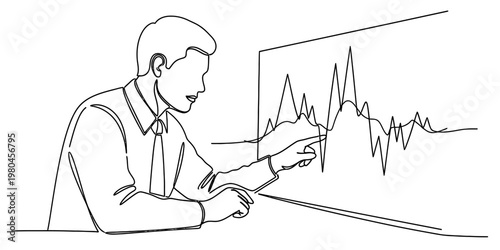 A professional businessman analyzing financial stock market data on a digital screen display.