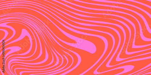 Groovy Waves Seamless Pattern. Psychedelic Curved Vector Background in 1970s Hippie Retro Style for Print on Textile, Wrapping Paper, Web Design and Social Media. Pink and Red Colors.