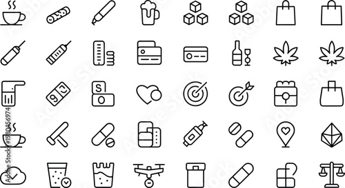 Lifestyle and commerce icons set with shopping payment medical items coffee beer and daily objects line vector illustration collection