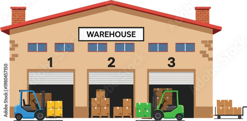 Fotografía Warehouse Building Vector Illustration with Loading Docks, Forklifts and Cargo B