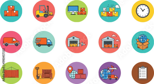 Logistics and Delivery Icon Vector Set with Warehouse, Truck, Cargo, Shipping, Global Transport and Supply Chain Elements for Business Design