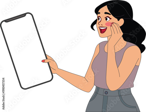 Excited Woman Looking at Smartphone Mockup