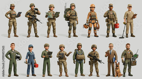 Military personnel collection with soldiers officers pilots and service members in uniform standing with equipment in detailed flat vector style
