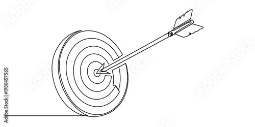 A single continuous line drawing of an arrow hitting the center of a circular target bullseye