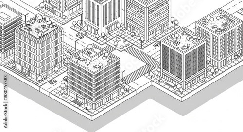 Isometric Cityscape Drawing with Buildings and Streets.