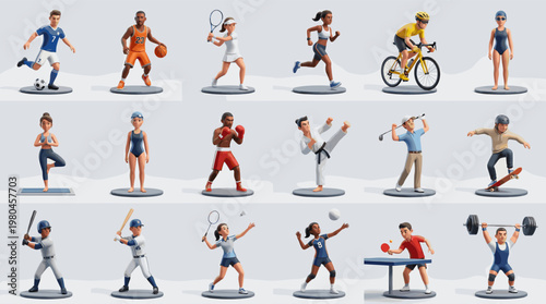 Sports people collection with runners cyclists skaters fencers and athletes performing different fitness and competition activities in flat vector style