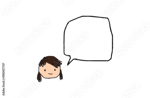 Cute hand-drawn colored girl with speech bubble, brown hair crayon illustration