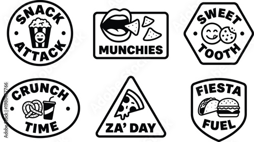 Set of six foodthemed black and white vector icons