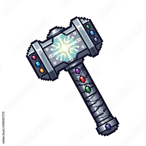 This pixel art vector depicts a powerful silver war hammer adorned with colorful gemstones and a glowing energy core at its center.