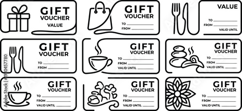 Set of nine vector gift voucher templates with various icons including gift box, shopping bag, cutlery, coffee cup, spa stones, and floral designs
