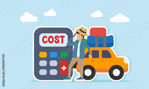 Confused traveler near car carrying vacation luggage and calculator with cost text illustration of difficulty in accommodation budgeting for travel