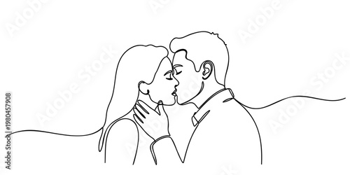 A beautiful continuous line art illustration showing an intimate moment between a loving couple