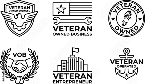 Set of six black and white veteran owned business and entrepreneur logo icons