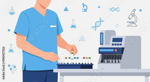 Medical Lab Technician Working with Blood Samples and Automated Analyzer