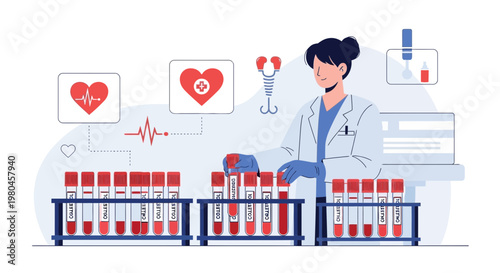Medical Laboratory Scientist Analyzing Blood Samples in a Modern Lab with Medical Icons