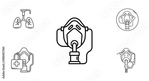 Medical Masks and Lungs Icons Set: Respiratory Care, Breathing Support, Health Equipment