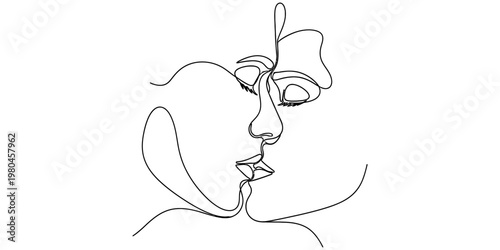 Minimalist continuous line art drawing depicting an intimate moment between two lovers kissing