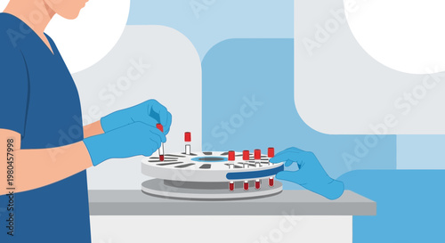 Medical laboratory technician loading blood samples into a centrifuge for analysis