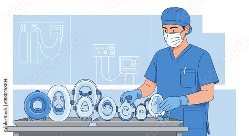 Medical professional arranging respiratory masks and equipment in a sterile environment