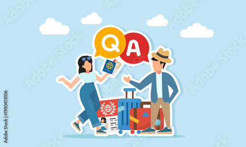 Male and female travelers discussing travel questions and answers near suitcases and passport documents with chat bubble Q and A illustration of travel preparation session