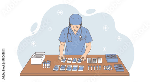 Medical professional arranging test kits and samples on a table for analysis