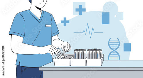 Medical professional arranging test tubes in laboratory, science and healthcare concept
