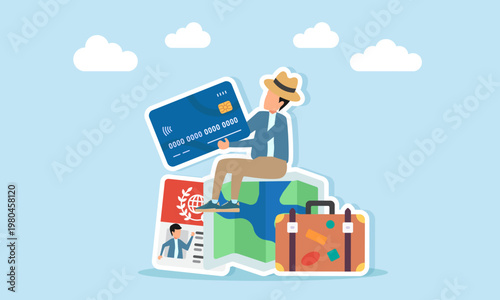 Traveler holding credit or debit card sitting on map near passport documents and suitcase illustration of financial preparation for vacation travel