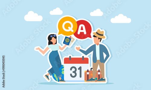 Male and female travelers discussing travel questions and answers near calendar and suitcase with chat bubble Q and A illustration of travel scheduling session