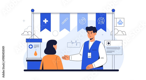 Medical professional assisting patient at health screening booth with health icons