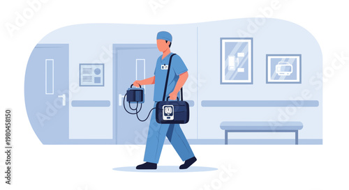 Medical Professional Carrying Portable Patient Monitoring Equipment in Hospital Corridor