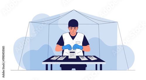 Medical professional conducting rapid test inside a protective booth, diagnostic procedure