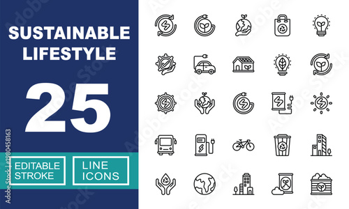 Sustainable Lifestyle set of web icons in line style. Containing energy, leaf, earth, bag, bulb, gear, car, house, battery, sun, bus, station, bicycle, bin and more. Editable stroke icons collection.