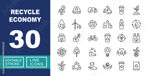 Recycle Economy set of web icons in line style. Containing solar-panel, packaging, truck, electricity, cup, plant, water, wind-turbine, bin, bottle, battery, bicycle and more. Editable stroke icons