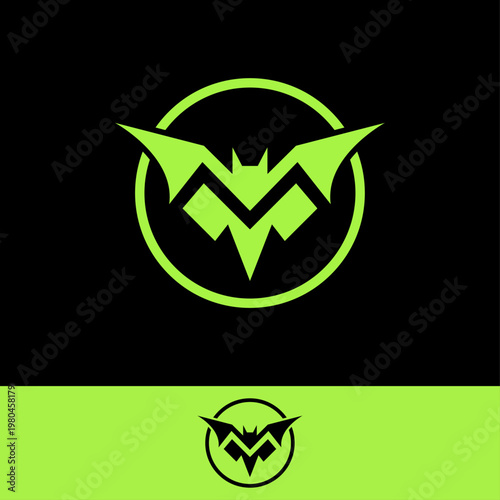 Letter M Green Bat Mascot Logo Design, Geometric Wing Emblem for Gaming and Esports. Letter M Bat Logo. 