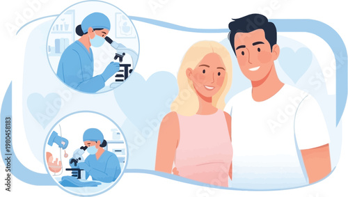 Fertility Treatment and IVF Concept Vector Illustration with Happy Couple and Laboratory Scientists Performing Medical Research for Reproductive Healthcare Design